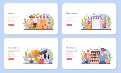 Commercial activities web banner or landing page set. Entrepreneur stocktaking