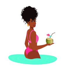 Digital illustration of a girl in summer on vacation with a coconut in her hands on a white background