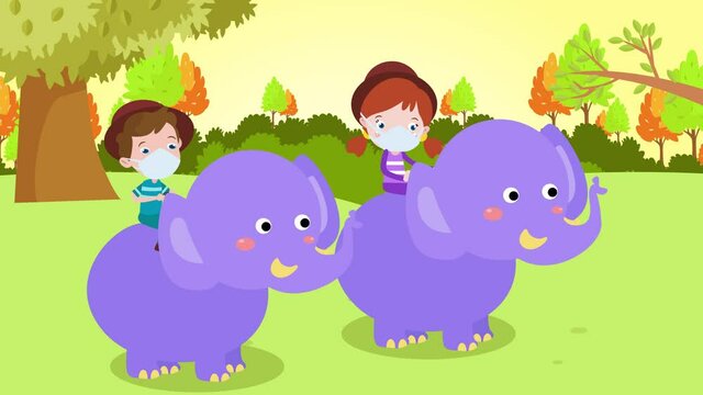 Happy siblings in face mask riding elephant in zoo