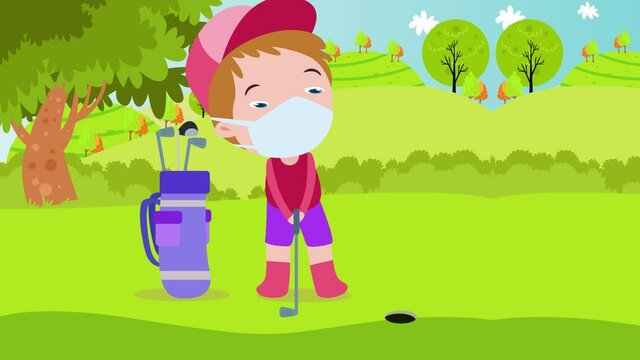 Little boy in face mask playing golf in the course