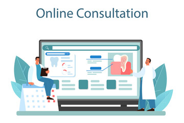 Dentist online service or platform. Dental doctor in uniform