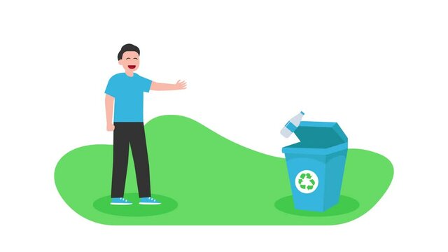 Man throwing a plastic bottle into recycling bin
