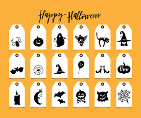 Set of tags with Halloween symbols. Hand drawn design elements on white tags.