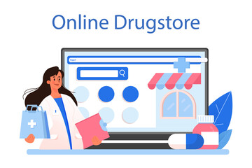 Pharmacy online service or platform. Pharmacist preparing