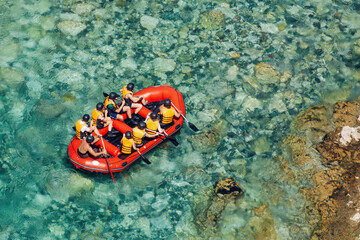 Rafting team , summer extreme water sport. Top view.
