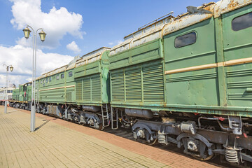 Obraz premium Rare Soviet retro railroad car. Exposition area of RZD railway vehicles at Rizhskaya station. Moscow, Russia