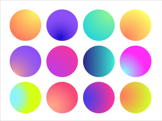 Rounded holographic gradient sphere. Multicolor green purple yellow orange pink cyan fluid circle gradients, colorful soft round buttons or vivid color spheres flat set.