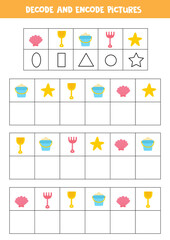 Decode and encode pictures. Write the symbols under cute summer objects.