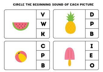 Worksheet for kids. Find the beginning sound of cute summer elements.