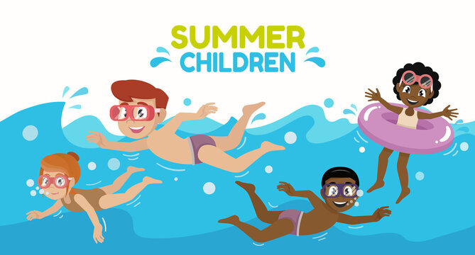 Children Swimming. Children play with a group of friends in the summer.,vector eps10