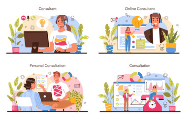 Professional consulting service set. Specialist making research and recommend