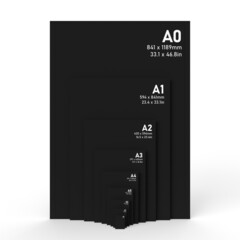 International A series paper size formats from A0 to A8, with white text printed on black textured paper and isolated on a white background. 3D Illustration