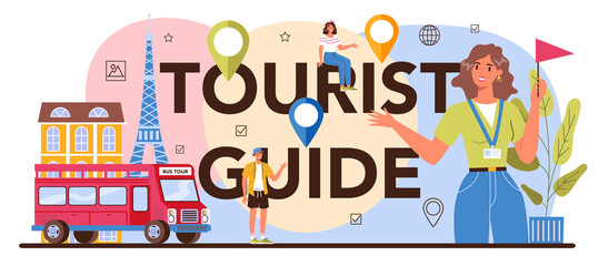 Tourist guide typographic header. Tourists listening to the history