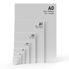 International A series paper size formats from A0 to A8, with black text printed on white textured paper and isolated on a white background. 3D Illustration