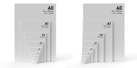 International A series paper size formats from A0 to A8, with black text printed on white textured paper and isolated on a white background. 3D Illustration