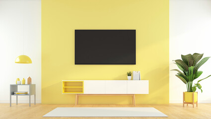 living room with Tv cabinet on the yellow wall and side table, green plant. 3d rendering