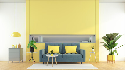 Yellow living room with sofa and bookshelf,wood floor, side table, green plants. 3d rendering