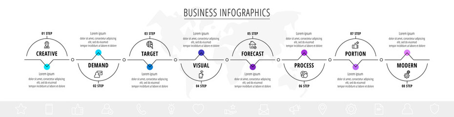 Vector line infographics template for eight arrows and icons. Business concept with 8 elements. Modern blank space for chart, content, step for step, timeline, diagram, web