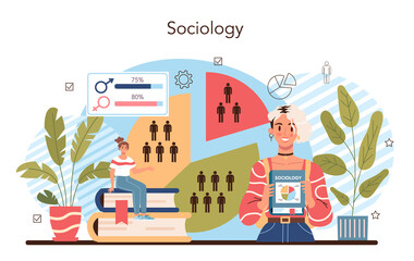 Sociology school subject. Students studying society, pattern of social - obrazy, fototapety, plakaty