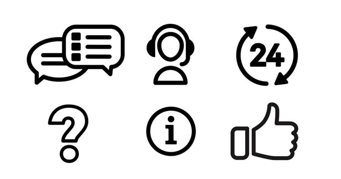 A 4K illustration of an icon set for support center and services in outline design, animated on a white background