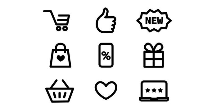 A 4K illustration of an icon set for e-commerce and online shop in outline design, animated on a white background
