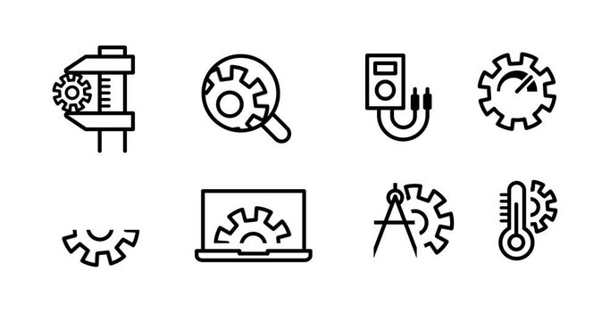 A 4K illustration of an icon set of metrology and engineering in outline design, animated on a white background