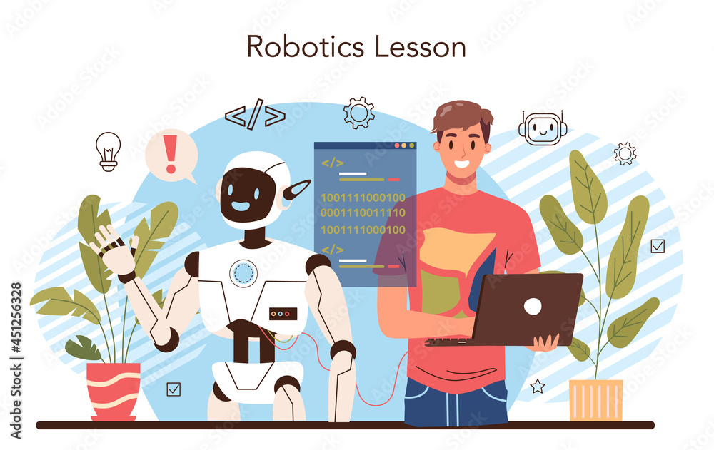 Poster robotics school course concept. robotic engineering and constructing lesson