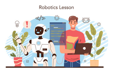 Robotics school course concept. Robotic engineering and constructing lesson