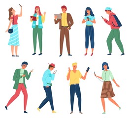 Obraz premium People with gadgets. Walking persons using mobile phones and devices, young men and women holding smartphones and tablets. Listening to music, making selfie, chatting. Vector characters