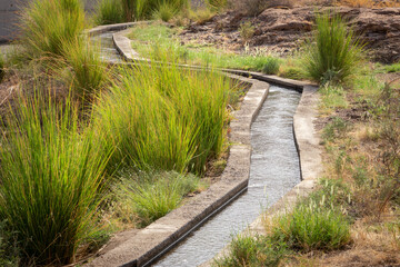 The traditional falaj irrigation system in the mountain village of Al Hoqain in Oman