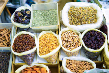 Nuts and dried fruits from Morocco on display at a traditional food market