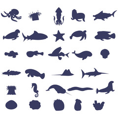 Fototapeta premium Set of sea animal silhouette on white background. Collection of underwater life design element. Vector marine cartoon drawing. Part 2