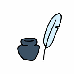 Icon of pen and inkwell in doodle style. Vector illustration of inkstand and feather.