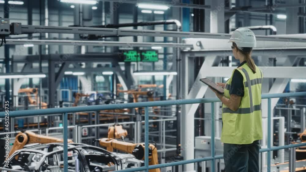 Aufkleber Female Car Factory Engineer in High Visibility Vest Using Tablet Computer. Automotive Industrial Manufacturing Facility Working on Vehicle Production with Robotic Technology. Automated Assembly Plant.