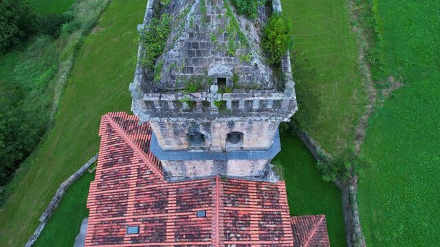 Aerial view of the Church of San Lorenzo in the town of Llerena in the municipality of Saro. Cantabria, Spain, Europe