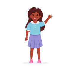 Little black girl smiling and waving hand. Greeting gesture. Elementary school student, kindergarten pupil. Vector illustration