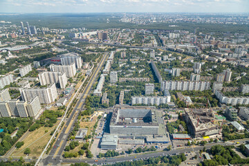 Naklejka na ściany i meble Spectacular aerial view (340 m) of Moscow, Russia. View from Ostankino television tower