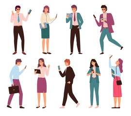 Fototapeta premium Business people with gadgets. Men and women in biz suits use digital devices, laptop, tablet and smartphones. Contracts online, texting on phone and chatting vector cartoon isolated set