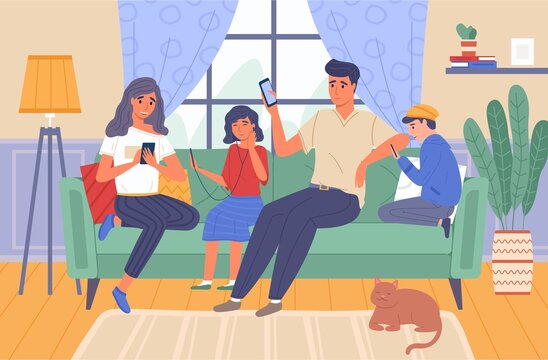 Family using gadgets. Parents and kids home, online time, users characters with digital devices in living room interior, social networks addiction. Vector cartoon concept