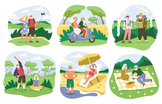 Senior couple leisure time. Elderly man and woman enjoyment, joint activities and hobbies, outdoors walking, picnic in park, beach holidays on ocean, riding bike. Vector cartoon set