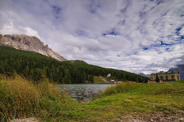 Fototapeta na wymiar dolomitesm landscape, italy lake di braies .