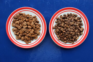 grains de cafés dans des soucoupes : arabica et robusta