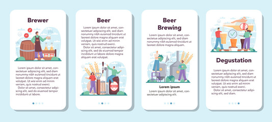 Brewery mobile application banner set. Craft beer production, brewing process