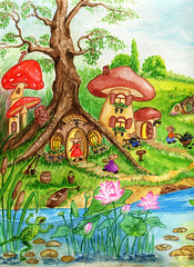 Mushroom house. A mouse lives in the house. Silk illustration.Watercolor drawings of mice, cute animals, a set of watercolor toys. Children's illustration. On a white background.