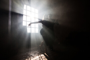 Couple of two professional ballroom dancers is dancing on loft studio. Beautiful art performance...