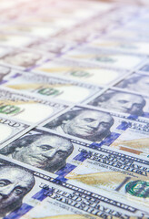 A lot of Money background. Dollars currency notes. Inflation rate. Economic crisis. Сurrency devaluation. Successful business. Close up, soft focus.