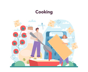 Tasty lasagna. Italian delicious cuisine on the plate. People cooking