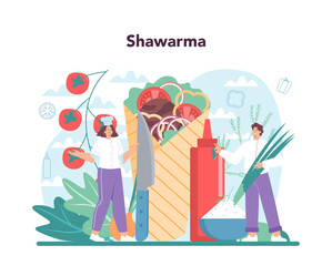 Shawarma street food concept. Chef cooking delicious roll with mea