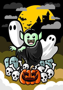 Halloween night background with a cemetery and pumpkins and bat's