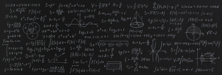 Formulas and calculations from mathematics and geometry on school blackboard - obrazy, fototapety, plakaty